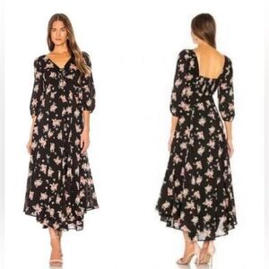 Free People Sea Glass Floral Boho Hippie Midi Dress Black Size 12